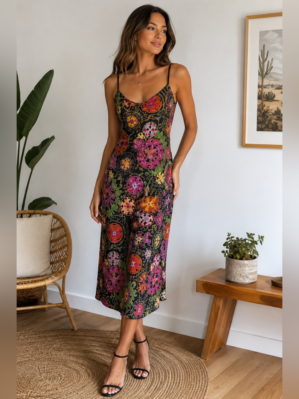 Natori Floral Medallion Slip Dress Y2K Abstract Print Midi - Picture 1 of 9